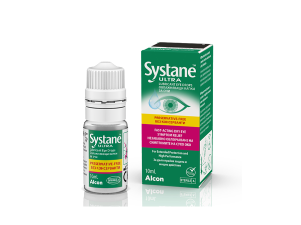 Systane® Ultra лубрикантни капки за очи без конзерванси картонска амбалажа со повеќе дози и кутија со производ