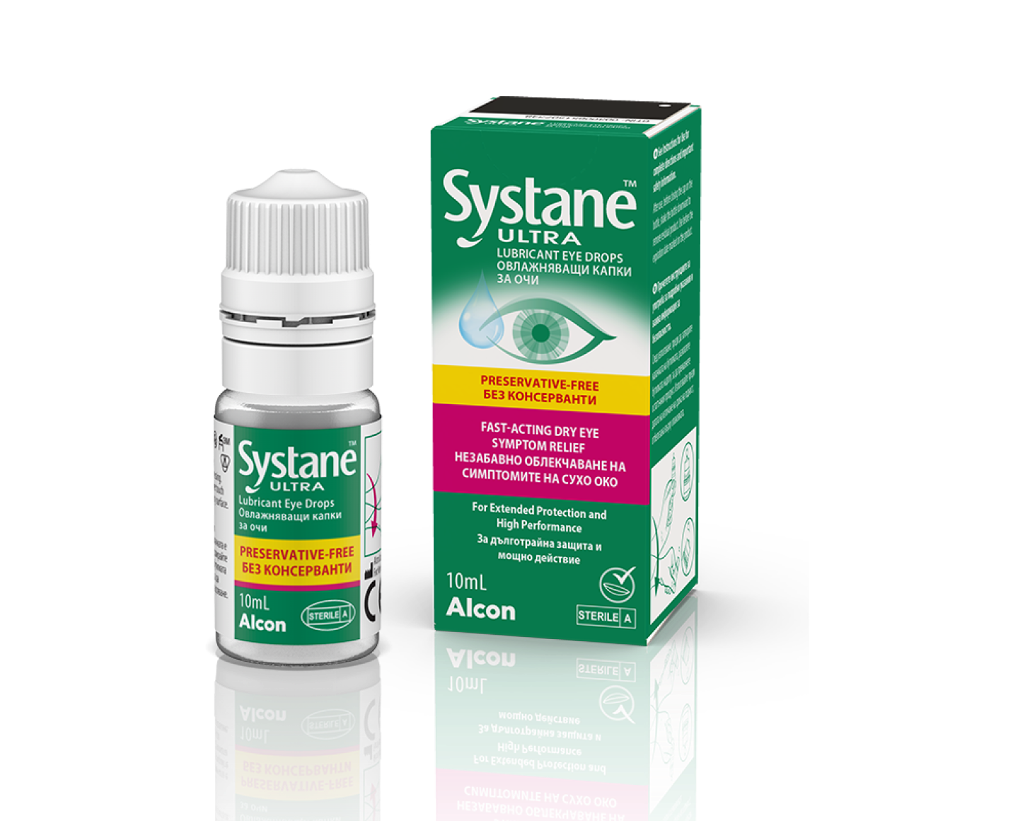 Systane® Ultra капки за очи без конзерванси картонска амбалажа со повеќе дози и кутија со производ
