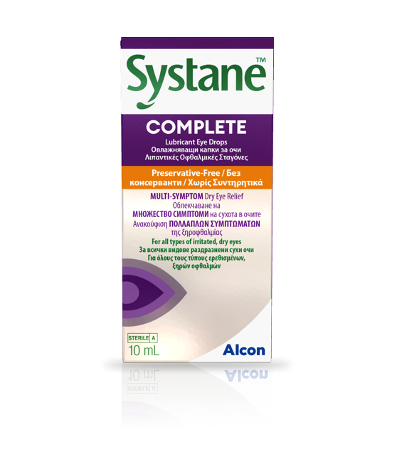 Порано и сега кутии за производи за Systane Complete без конзерванси капки за очи  за олеснување повеќе симптоми на суво око од Alcon