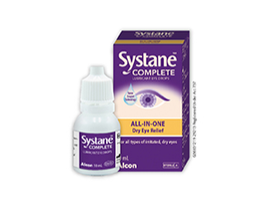 Systane® Complete Lubricant Eye Drops vial and product box