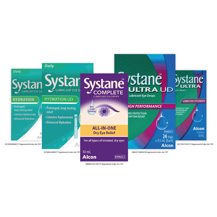 Product boxes and vial cartons for Systane Hydration, Hydration UD, Complete, Ultra UD, and Ultra Lubricant Eye Drops by Alcon