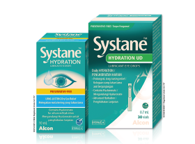 Systane® Hydration UD Preservative-free Lubricant Eye Drops vial and product box