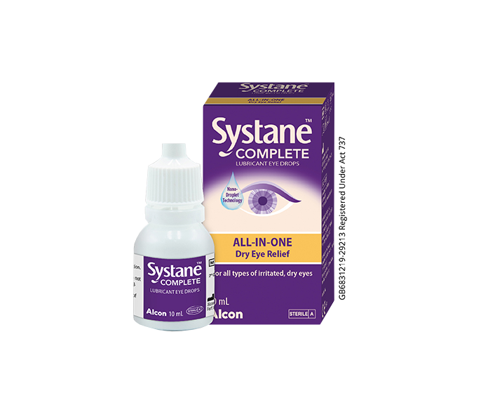 Systane® Complete Lubricant Eye Drops vial carton and product box