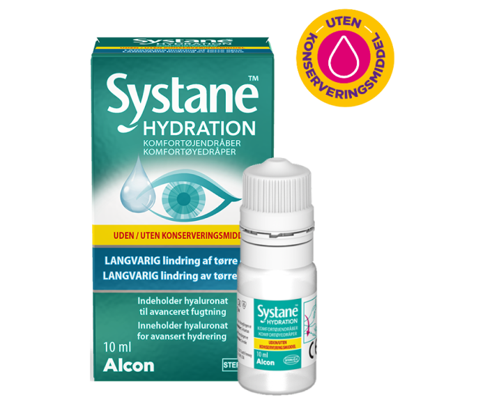 Systane® Hydration uten konserveringsmiddel-øyedråper hetteglasseske og produkteske