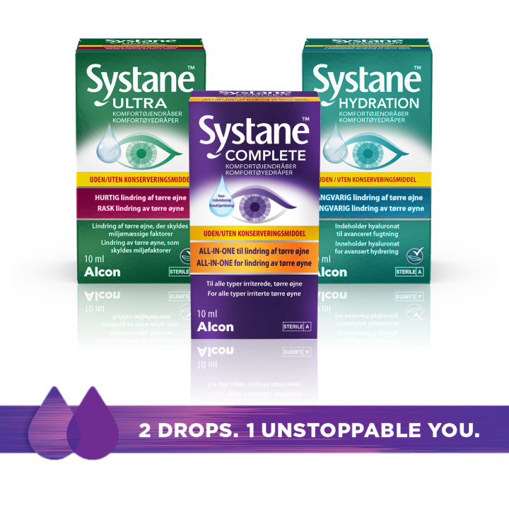 Produktesker med Systane Ultra, Systane Complete og Systane Hydration komfortøyedråper uten konserveringsmiddel – 2 Drops. 1 Unstoppable You