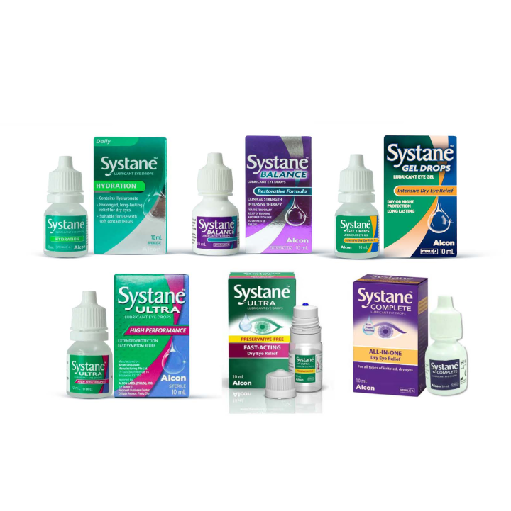 Product boxes and vial cartons for Systane Hydration, Balance, Ultra Preservative-free, Ultra, Complete Lubricant Eye Drops, and Systane Gel Drops