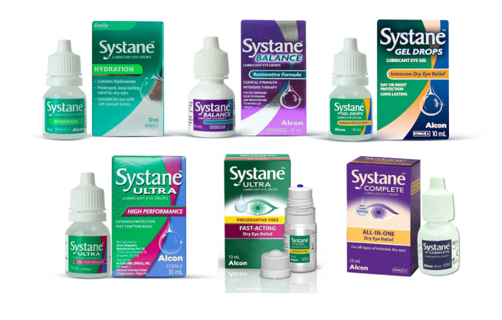 Product boxes and vial cartons for Systane Hydration, Balance, Ultra Preservative-free, Ultra, Complete Lubricant Eye Drops, and Systane Gel Drops
