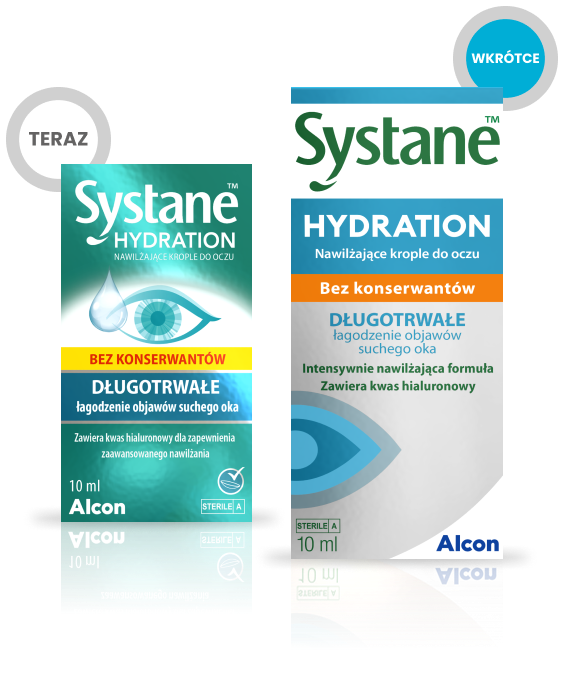Aktualne i przyszłe pudełko Systane Hydration bez konserwantów