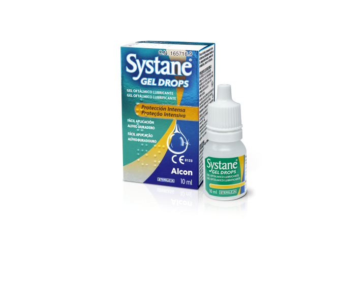 Caixa de produtos e frasco de Systane® Gel Drops