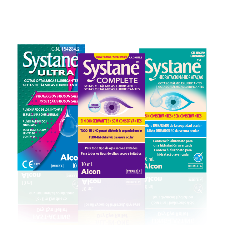 Caixas de produtos Systane Ultra, Systane Complete e Systane Hidratação - Duas gotas, sinta-se imparável