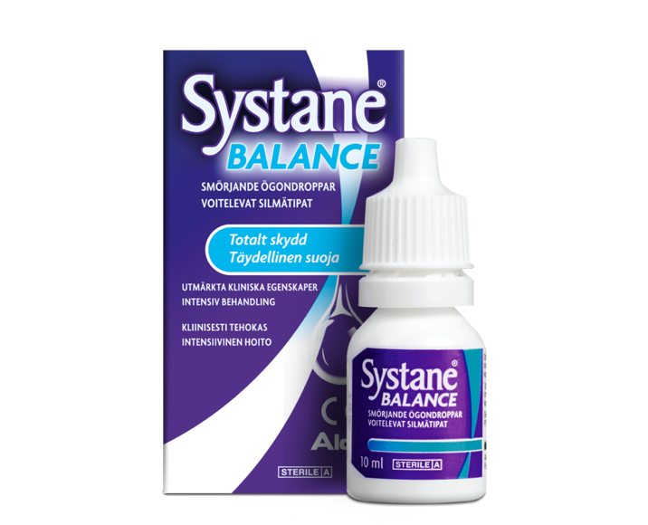 Systane® Balance smörjande ögondroppar, kartong till flaska och produktförpackning