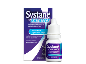 Systane® Balance smörjande ögondroppar, produktförpackning och kartong till flaska