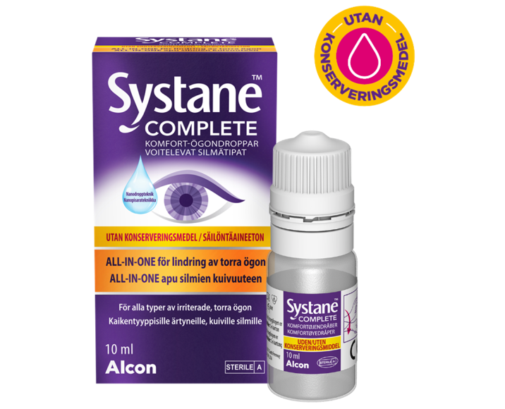 Systane® Complete ögondroppar utan konserveringsmedel, produktförpackning och kartong till flaska
