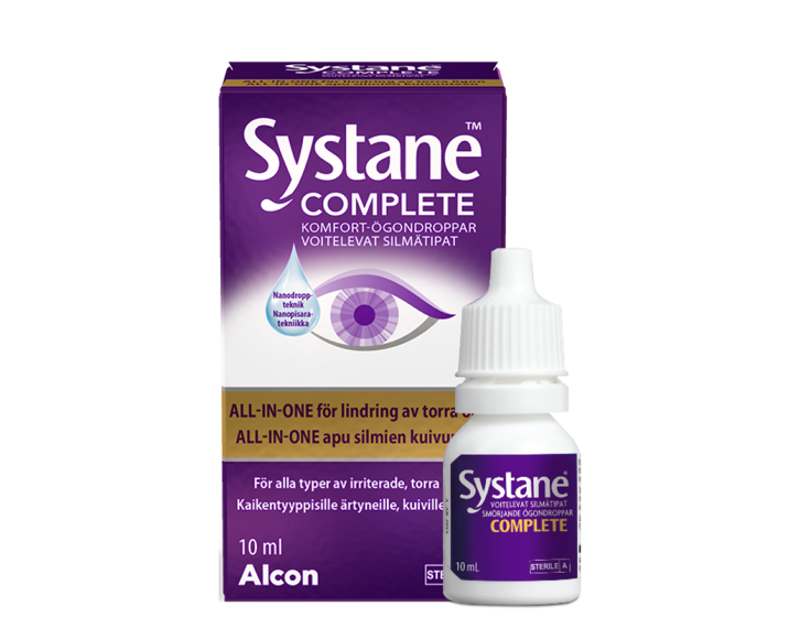 Systane® Complete smörjande ögondroppar, kartong till flaska och produktförpackning