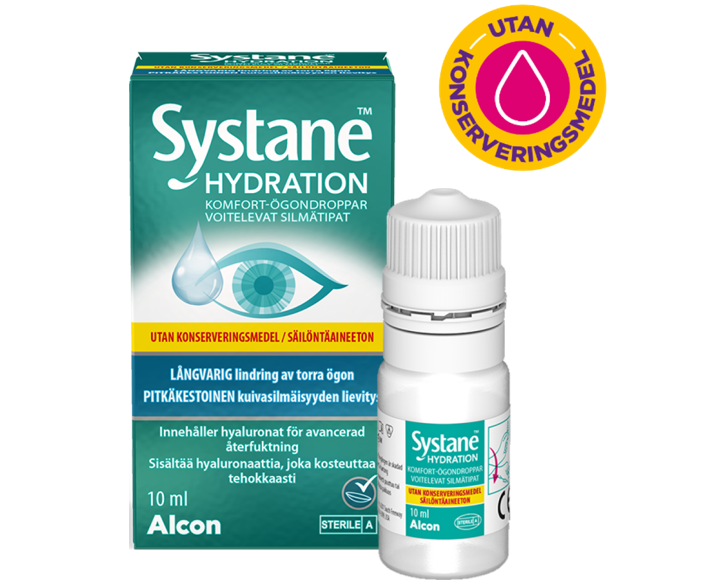 Systane® Hydration utan konserveringsmedel, ögondroppar, kartong till flaska och produktförpackning