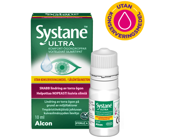 Systane® Ultra utan konserveringsmedel, ögondroppar, kartong till flerdosflaska och produktförpackning