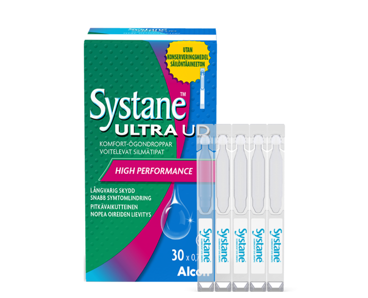 Systane® Ultra UD utan konserveringsmedel, smörjande ögondroppar, flaskor och produktförpackning