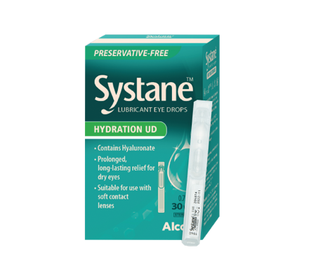 Systane® Hydration UD Preservative-free Lubricant Eye Drops vial and product box