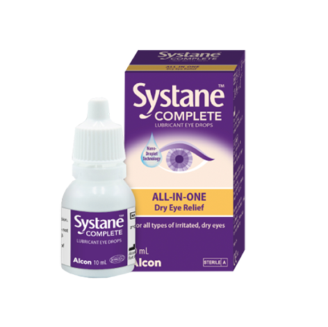 Systane® Complete Lubricant Eye Drops vial and product box