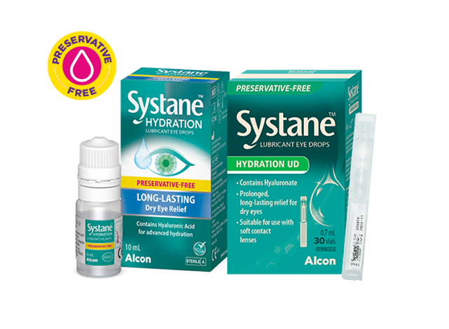 Systane® Hydration UD Preservative-free Lubricant Eye Drops vial and product box