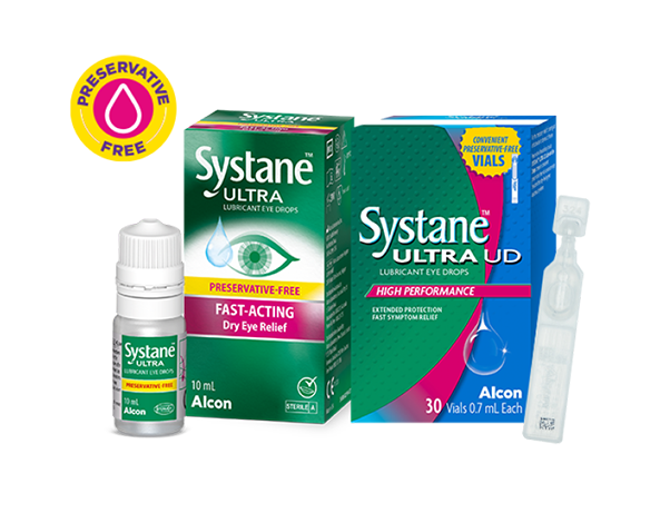 Systane® Ultra UD Preservative-free Lubricant Eye Drops vial and product box