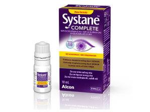 Systane® Complete brez konzervansov vlažilne kapljice za oči slika škatlice in vsebnika za večkratno uporabo