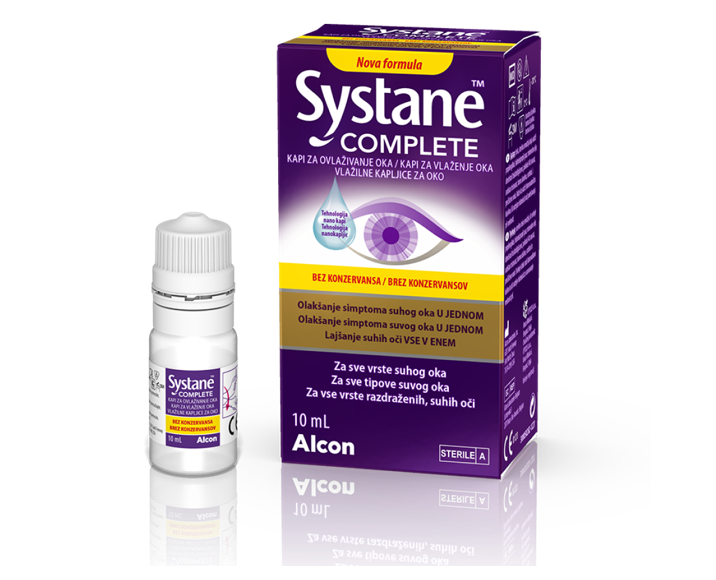 Systane® Complete brez konzervansov vlažilne kapljice za oči slika škatlice in vsebnika za večkratno uporabo