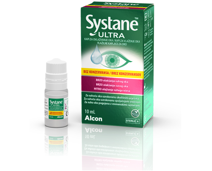 Systane® Ultra brez konzervansov vlažilne kapljice za oči slika škatlice in vsebnika za večkratno uporabo