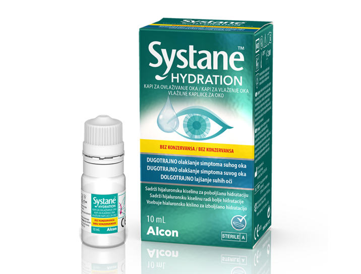 Systane® Hydration brez konzervansov vlažilne kapljice za oči slika škatlice in vsebnika za večkratno uporabo