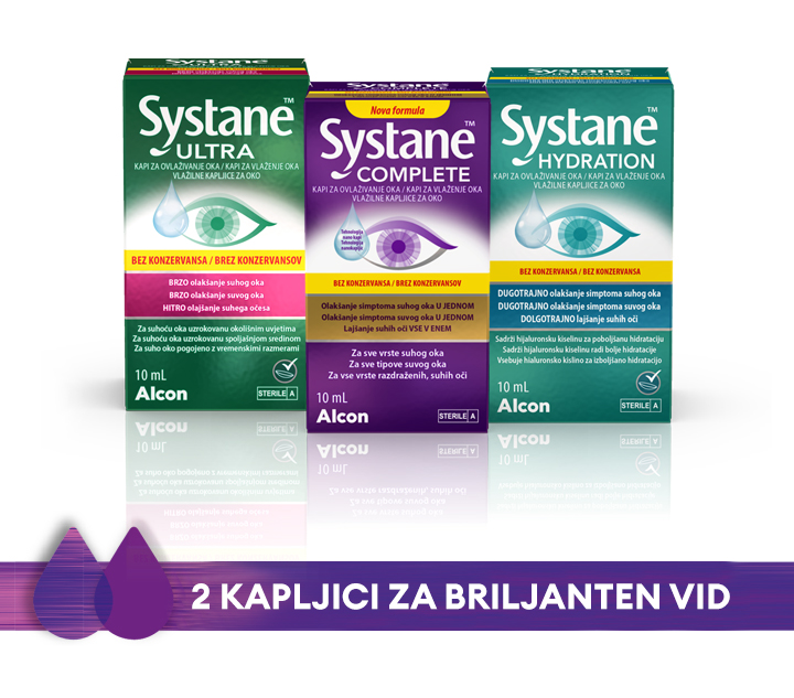 Systane Preservative Free Range Pack ShotsSlike izdelkov Systane Ultra, Systane Complete in Systane Hydration brez konzervansov vlažilnih kapljic za oči - 2 kapljici za briljanten vid