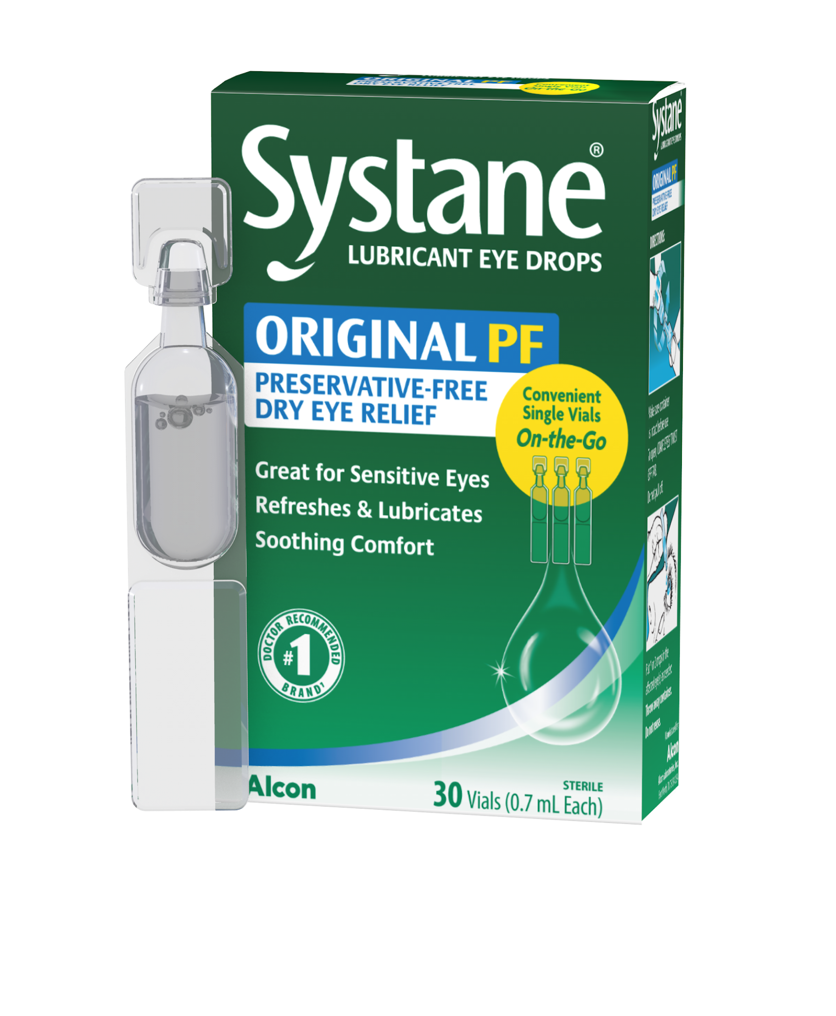 Systane Original PF Preservative-Free Lubricant Eye Drops in single vial dose and product box by Alcon