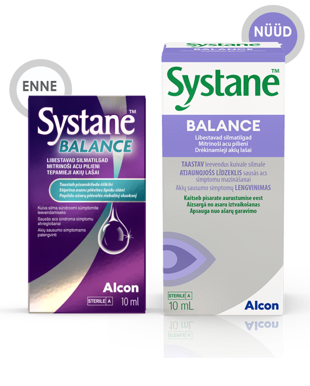 Alconi Systane Balance libstavate silmatilkade enne ja nüüd tootepakendid kuiva silma leevendavamiseks