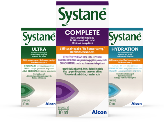 Alconi Systane Ultra säilitusaineta, Systane Complete säilitusaineta, Systane Hydration säilitusaineta silmatilkade tootepakendid