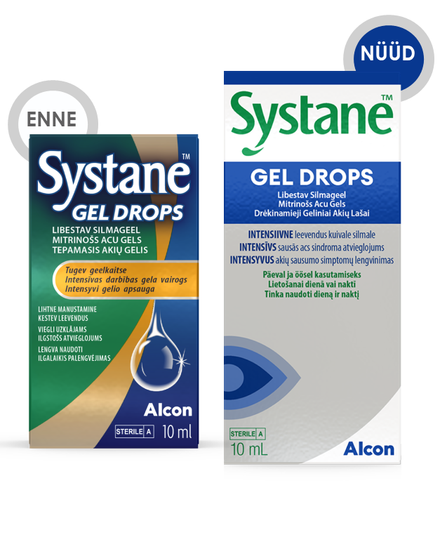 Alconi Systane Gel Drops silmageeli enne ja nüüd tootepakendid kuiva silma leevendavamiseks