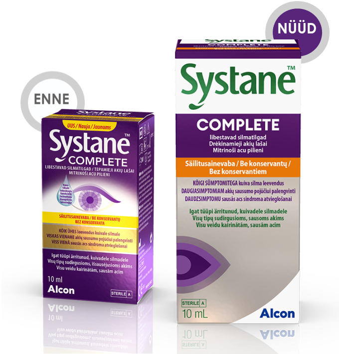 Alconi Systane Complete niisutavate silmatilkade enne ja nüüd tootepakendid kuiva silma leevendavamiseks