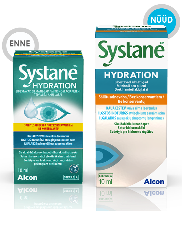 Alconi Systane Hydration niisutavate silmatilkade enne ja nüüd tootepakendid kuiva silma leevendavamiseks