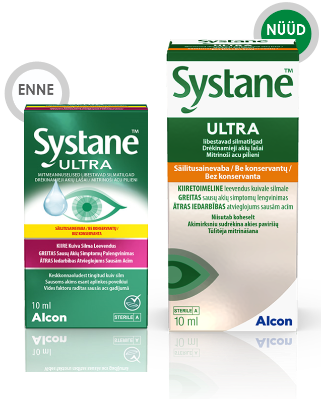 Alconi Systane Ultra niisutavate silmatilkade enne ja nüüd tootepakendid kuiva silma leevendavamiseks