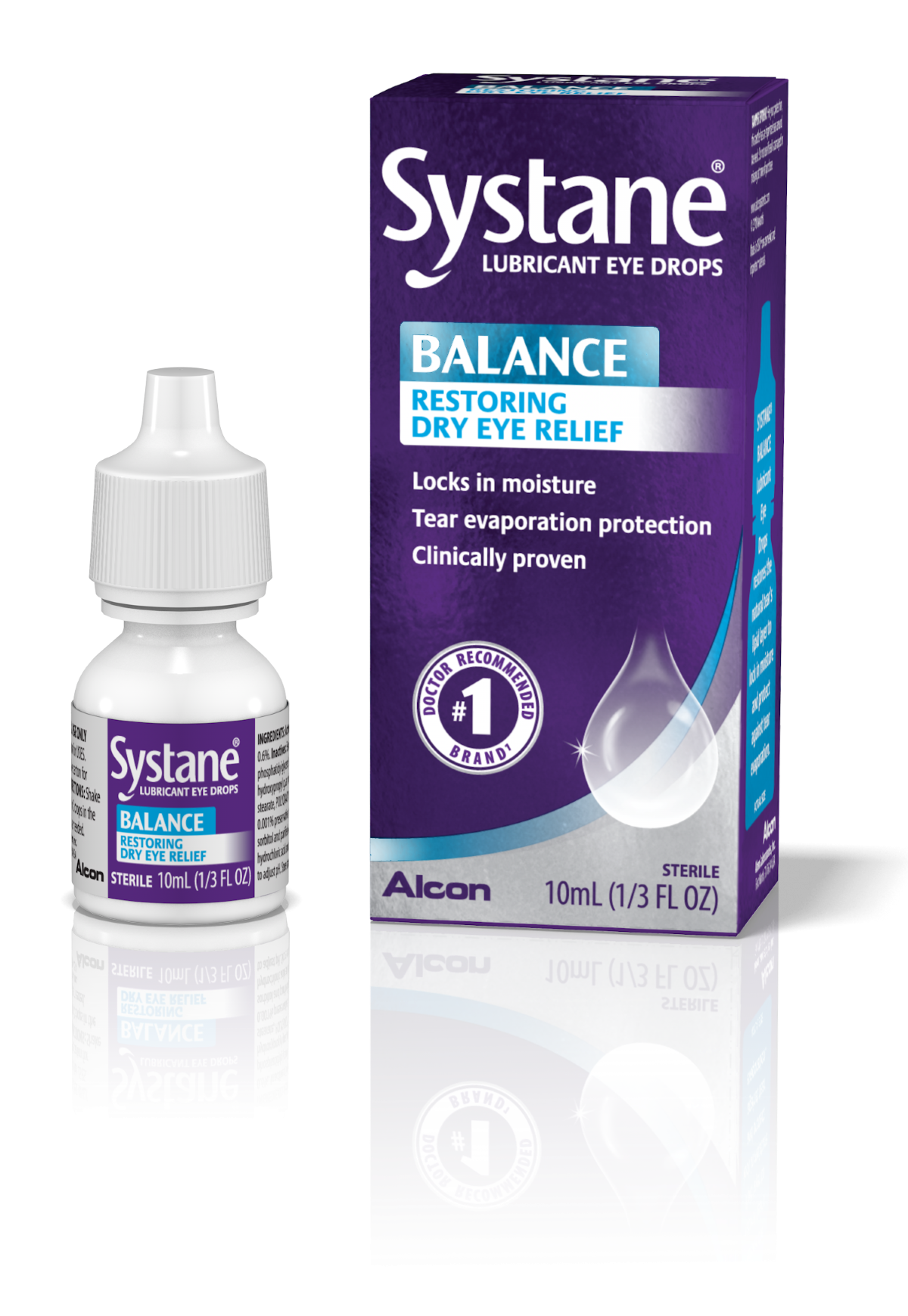Systane Balance Restoring Dry Eye Relief Lubricant Eye Drops vial carton and product box by Alcon
