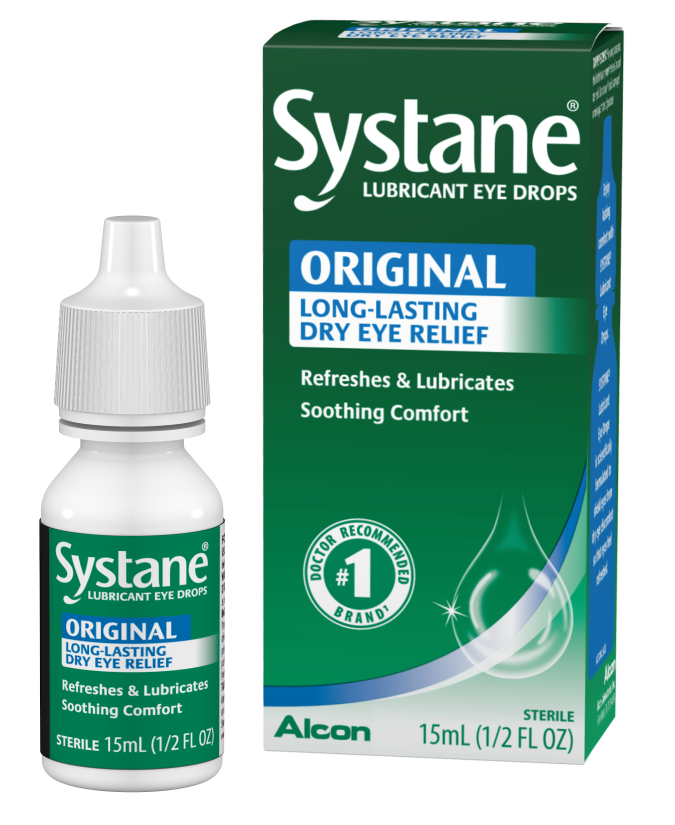 Systane Original Long-Lasting Dry Eye Relief Lubricant Eye Drops vial carton and product box by Alcon