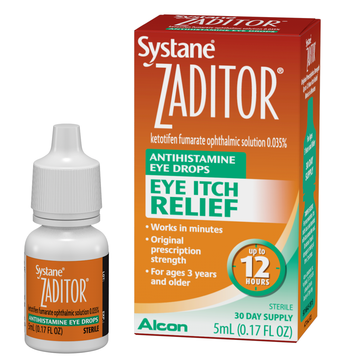 Systane Zaditor Antihistamine Eye Drops Eye Itch Relief vial carton and product box by Alcon