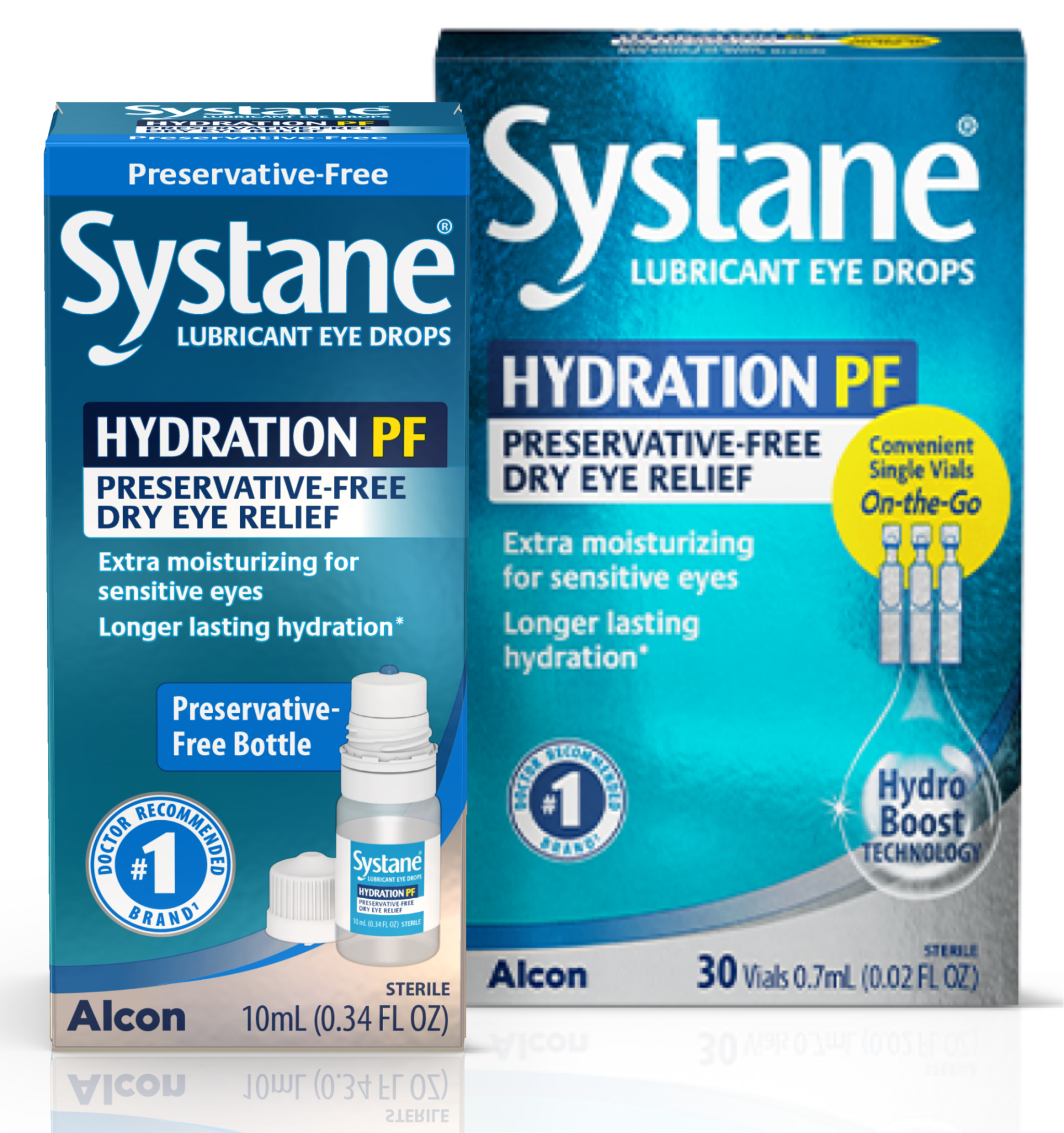 Two Product boxes for Systane Hydration Preservative-free (PF) lubricant dry eye relief drops 10 ml multidose bottle and 30 single-dose vials by Alcon