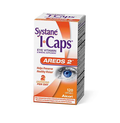 Systane ICAPS AREDS 2 eye vitamin and mineral supplement softgels product box by Alcon