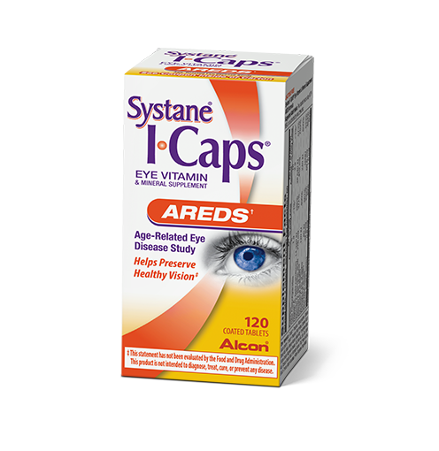 Systane ICAPS AREDS eye vitamin and mineral supplement tablets product box by Alcon
