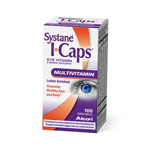 Systane ICAPS Eye Vitamin MV Multivitamin Formula tablets product box by Alcon