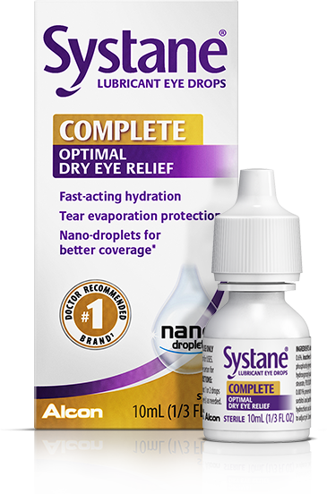 Systane Complete lubricant dry eye relief eye drops products box and vial carton by Alcon