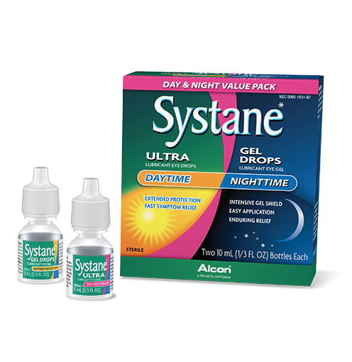 Systane Day and Night Value Pack product box and vial cartons of Systane Gel and Systane Ultra Eye drops