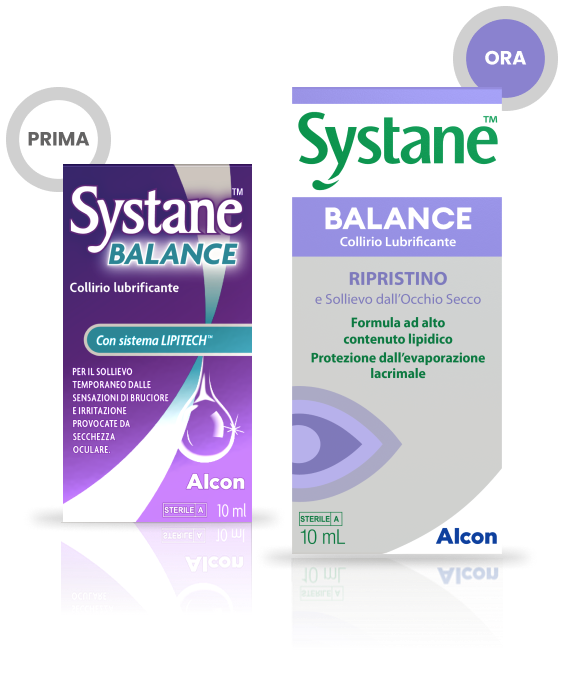 Confezione prodotto e contenitore fiale multidose Gocce occhi lubrificanti Systane® Balance