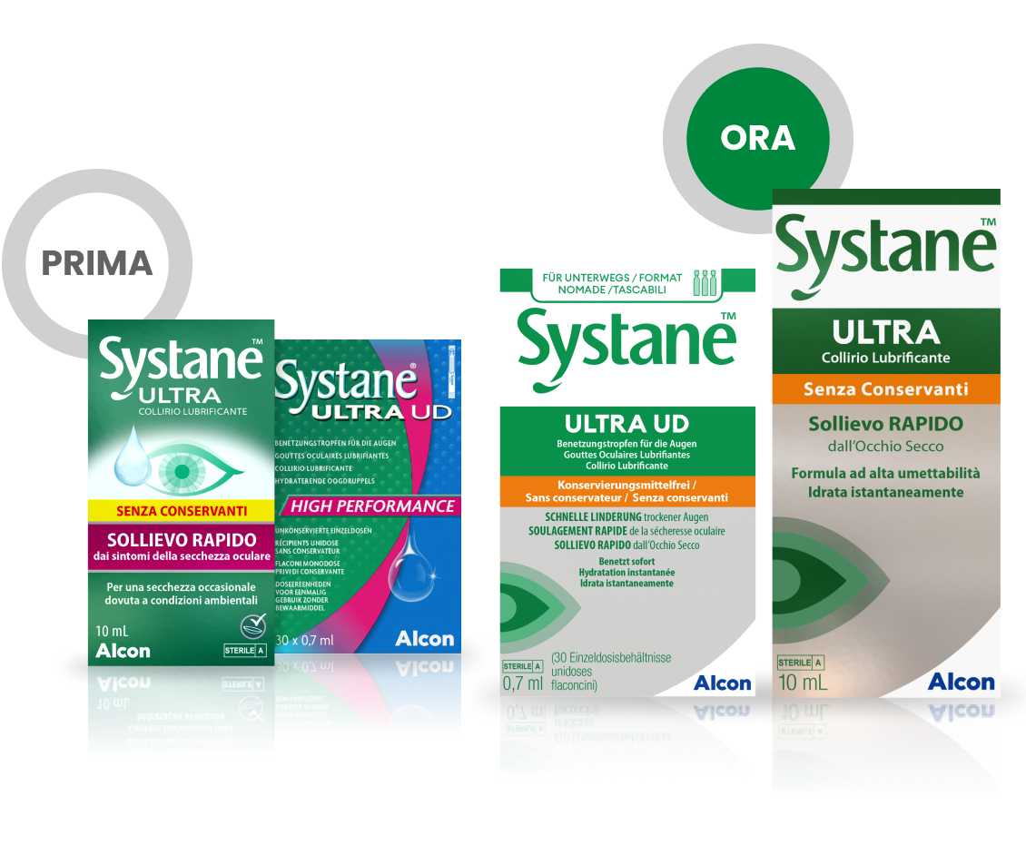 Confezione prodotto e contenitore fiale multidose Gocce occhi Systane® Ultra senza conservanti