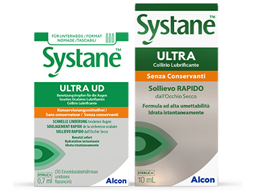 Confezione prodotto e contenitore fiale multidose Gocce occhi lubrificanti Systane® Ultra senza conservanti