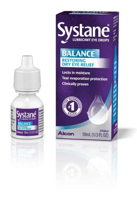 Systane Balance Restoring Dry Eye Relief Lubricant Eye Drops vial carton and product box by Alcon